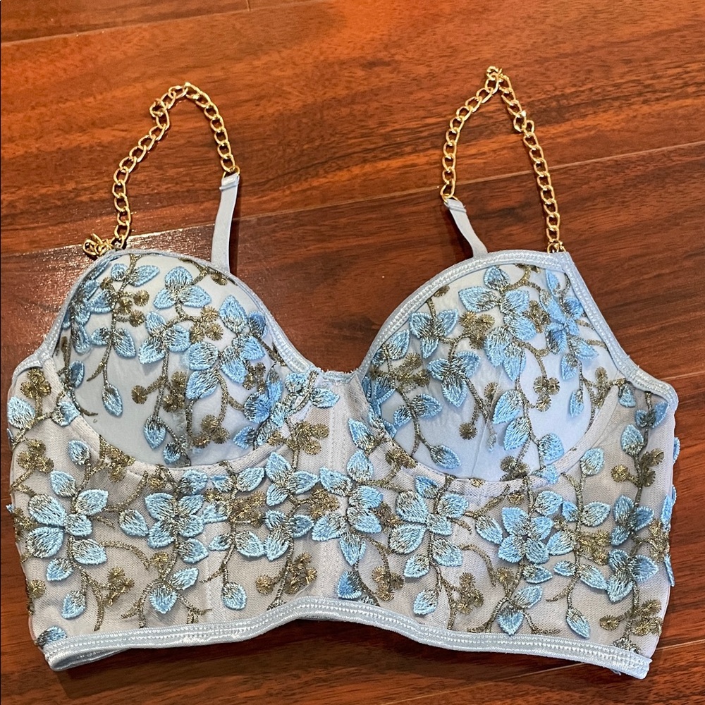 Embroidered Floral Bustier Crop Top with Gold Chain Straps- Size Small NWT